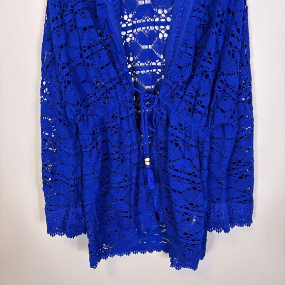 Free People Blue Eyelet Lace Bell Sleeve One Size Kimono Dark Rinse - Picture 4 of 9